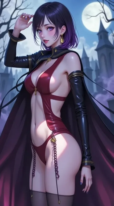  (masterpiece,  computer, mejor quality,  Clear focus, shadow, anime style, ultra high resolution, 8K, perfect anatomy, rostro perfecto, (detailed face), (  Detailed eye  ), score_9, score_8_up, score_7_up, score_6_up, score_5_up, score_4_up,  source _Animated, Label 1, Label2, quality_masterpiece, Anatomically Correct, beautiful face, rostro perfecto, Beautiful and highly detailed face and eyes, Attractive face, detailed face, Delicate facial features, detailed leather, pechos enormes, breast size cup D or DD, caderas anchas, gigantic butt texture, thick thighs. Anime style illustration with a sensual and attractive appearance, in a gothic and fantastic environment, with a dark cemetery background lit by the full moon. she has short hair, black with purple-tinted tips, straight bangs and a piercing and serious look. She wears dark makeup with red lips and marked eyeliner, as well as golden earrings. Her outfit is a tight and revealing vampire-style suit in dark red with gold details, with cuts that leave much of her torso exposed. She also wears long black leather gloves and a black cape that extends to the ground. Her nails are painted red. The pose is elegant and powerful, with one hand raised as if she were casting a spell. The environment is supernatural , with , tombstones, purple mist and dry tree branches in the background. Dim lighting with bluish and violet tones that reinforce the dark and mystical style of the scene.