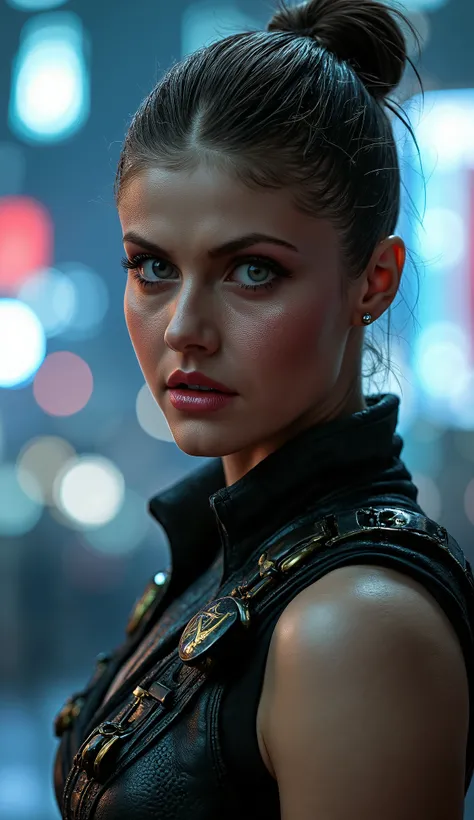 "Hyper-realistic Close-up of Scarlett Johansson's face as Sonya Blade, the lieutenant in combat from Mortal Kombat. She has a determined and focused expression, with penetrating eyes that convey strength and readiness for combat. Small shiny metallic detai...