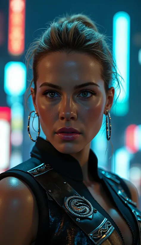 Hyper-realistic Close-up of Scarlett Johansson's face as Sonya Blade, the lieutenant in combat from Mortal Kombat. She has a determined and focused expression, with penetrating eyes that convey strength and readiness for combat. Small shiny metallic detail...
