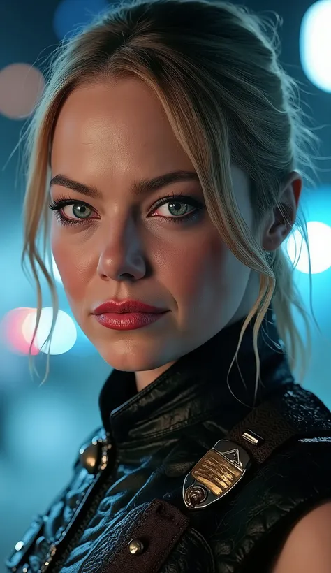 Hyper-realistic Close-up of Scarlett Johansson's face as Sonya Blade, the lieutenant in combat from Mortal Kombat. She has a determined and focused expression, with penetrating eyes that convey strength and readiness for combat. Small shiny metallic detail...