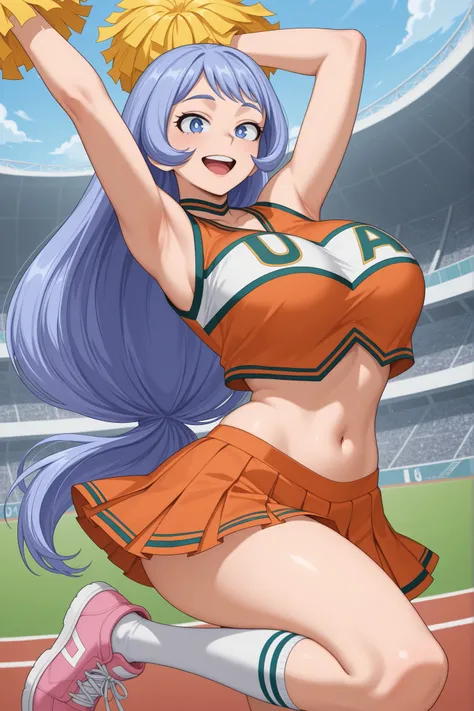 	Nejire hado\my hero academia\,
blue hair, blue eyes, long hair,
medium hips, large breasts, slender,

	Nejire hado\my hero academia\ outfit,
U.A. cheerleader uniform, 
U.A. crop top, orange crop top, midriff, 
pleated skirt, orange pleated skirt, 
white s...