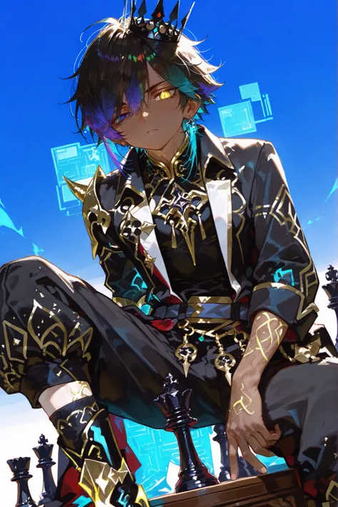 CLOSE UP, chess themed young slim athletic black tanned skinned manly boy boy focused boy young old boy, smooth glowing fair skin, unique messy layered messy hair split into pure white with neatly trimmed sides, side-swept bangs partly covering one eye, ...