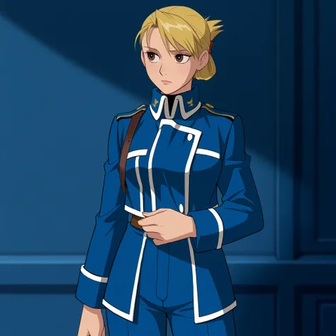 masterpiece, best quality, DisneyClassics disney Riza Hawkeye, 1girl, blonde hair, brown eyes, short hair, ponytail
blue uniform, blue pants, amestris military uniform