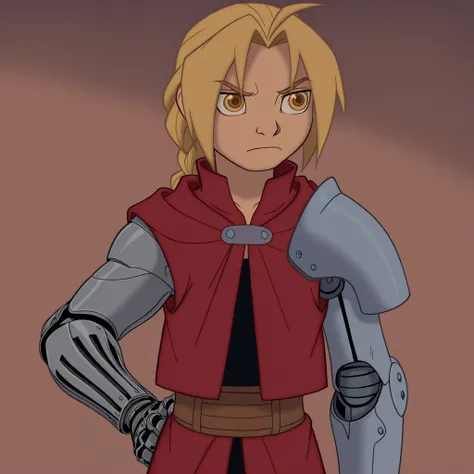 masterpiece, best quality, DisneyClassics disney edward_elric, blonde hair, yellow eyes
braid, single braid, braided ponytail
single mechanical arm