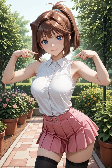 1girl, Anzu Mazaki, brown hair, blue eyes, ponytail, sleeveless shirt, pleated skirt, pink skirt, black thighhighs, in a garden, beautiful smile, sensual, looking at the viewer, attractive, sexy pose, best quality, masterpiece, ultra detailed, very aesthet...
