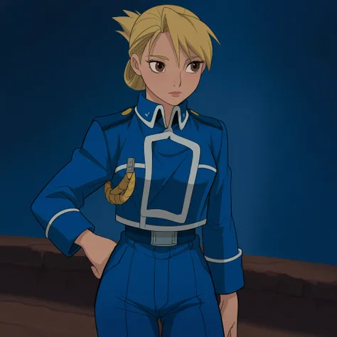 masterpiece, best quality, DisneyClassics disney Riza Hawkeye, 1girl, blonde hair, brown eyes, short hair, ponytail
blue uniform, blue pants, amestris military uniform