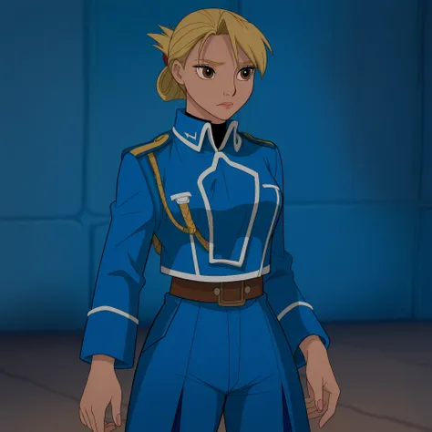 masterpiece, best quality, DisneyClassics disney Riza Hawkeye, 1girl, blonde hair, brown eyes, short hair, ponytail
blue uniform, blue pants, amestris military uniform