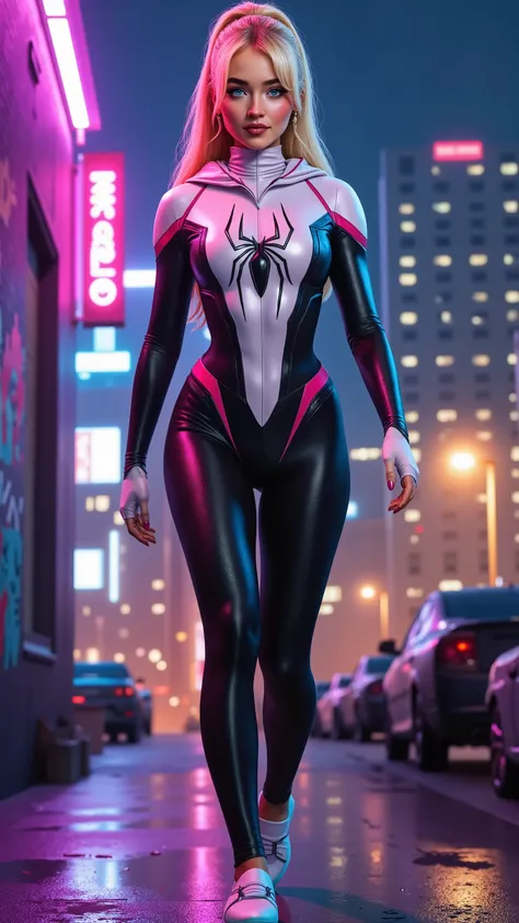 Sabrina Carpenter reimagined as Gwen Stacy (Spider-Gwen), walking､ 1 female､ full body, bright icy blue eyes with a playful yet fierce stare, long platinum-blonde hair styled in a sleek high ponytail with face-framing strands, soft fair skin with a subtle ...