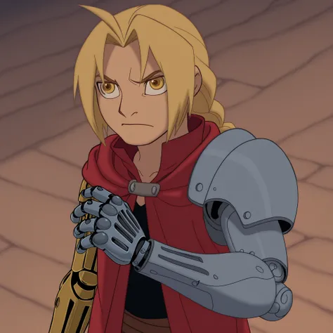 masterpiece, best quality, DisneyClassics disney edward_elric, blonde hair, yellow eyes
braid, single braid, braided ponytail
single mechanical arm