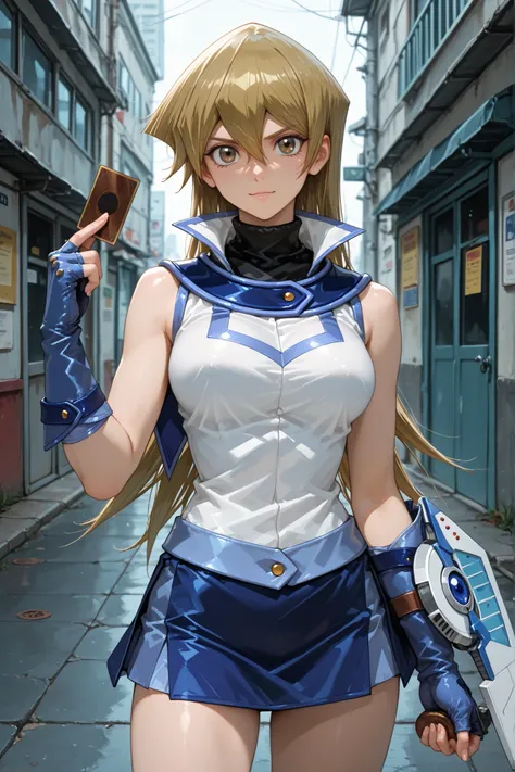 1girl, tenjouin asuka, straight hair, shirt, very long hair, brown eyes, fingerless gloves, miniskirt, hair between eyes, holding card, duel academy uniform (yu-gi-oh! gx), gloves, card, skirt, long hair, duel disk, turtleneck, in the schoolyard, defiant s...