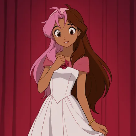 masterpiece, best quality, DisneyClassics disney rose, long hair, brown hair, pink hair, ahoge, multicolored hair, dark skin, two-tone hair, dark-skinned female, split-color hair, dyed bangs,
dress, jewelry, bracelet, white dress,