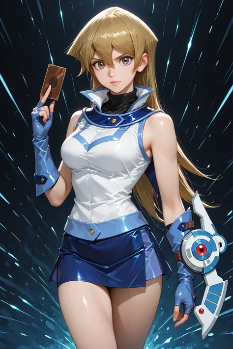 1girl, tenjouin asuka, straight hair, shirt, very long hair, brown eyes, fingerless gloves, miniskirt, hair between eyes, holding card, duel academy uniform (yu-gi-oh! gx), gloves, card, skirt, long hair, duel disk, turtleneck, abstract background, defiant...