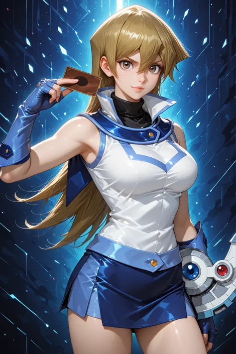 1girl, tenjouin asuka, straight hair, shirt, very long hair, brown eyes, fingerless gloves, miniskirt, hair between eyes, holding card, duel academy uniform (yu-gi-oh! gx), gloves, card, skirt, long hair, duel disk, turtleneck, abstract background, defiant...