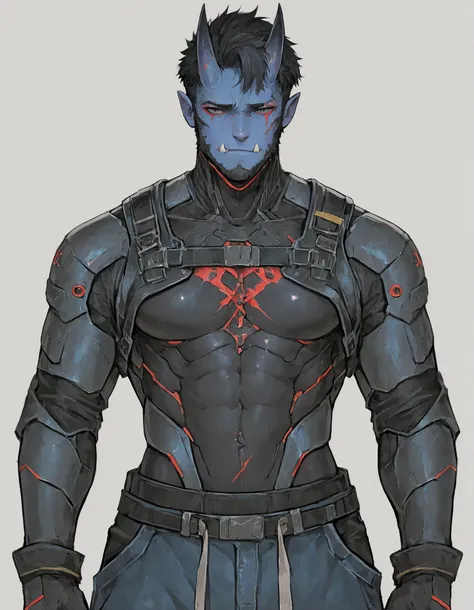 masterpiece, newest, absurdres, high detailed, solo, male, blue skin, tusks, oni tusks, scars, athletic, short hair, oni, yokai oni, oni horns, ripped, red eyeliner, black hair, cyberpunk, buggy pants, black skinsuit under armor, armor on chest, cyberpunk ...