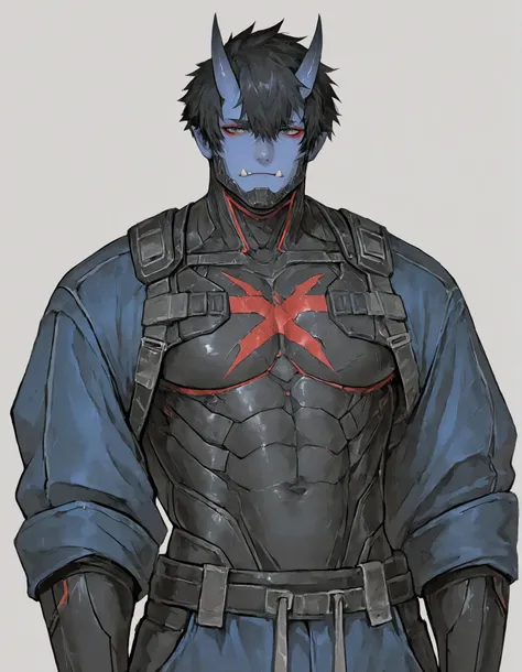 masterpiece, newest, absurdres, high detailed, solo, male, blue skin, tusks, oni tusks, scars, athletic, short hair, oni, yokai oni, oni horns, ripped, red eyeliner, black hair, cyberpunk, buggy pants, black skinsuit under armor, armor on chest, cyberpunk ...