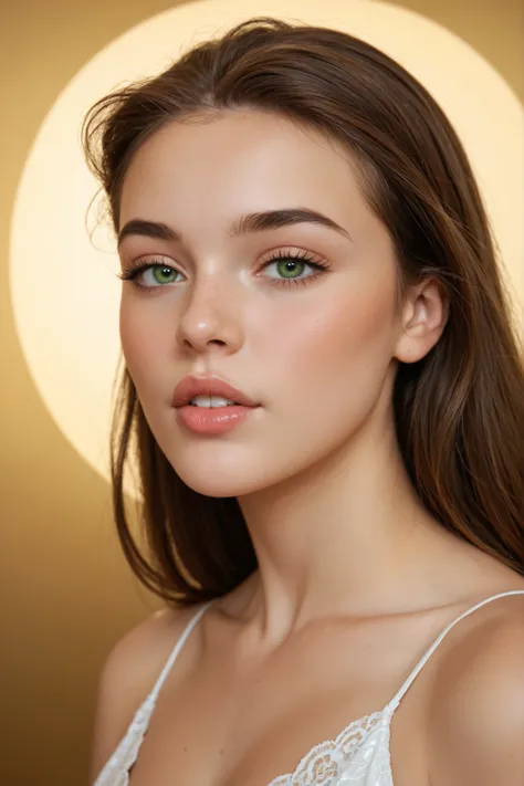 Women have an oval and harmonious face, with light brown skin with a golden background and natural shine. Her eyebrows are arched and striking, shaping dark green eyes, almond and mesmerizing. her nose is thin and slightly upturned, balanced with full lips...