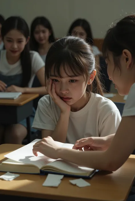 Girl in the classroom crying and another girl tearing her notebook and the other students laughing