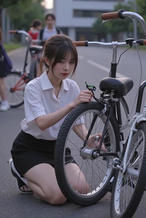 Girl puncturing the tire of the other's bike, After the end of class