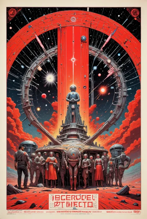 Futuristic Soviet propaganda poster featuring bold red and black colors, strong geometric shapes, and heroic figures in stylized poses; cosmonauts in sleek space suits with Soviet insignia, rockets blasting off into a starry cosmos, industrial machinery an...