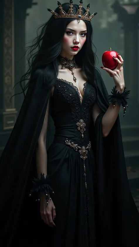 girl,Long Black Hair,Black Queen ,accessories,Apple in hand ,Poisoned Apple,Witch Queen,red lipstick、full body highdefinition picture。