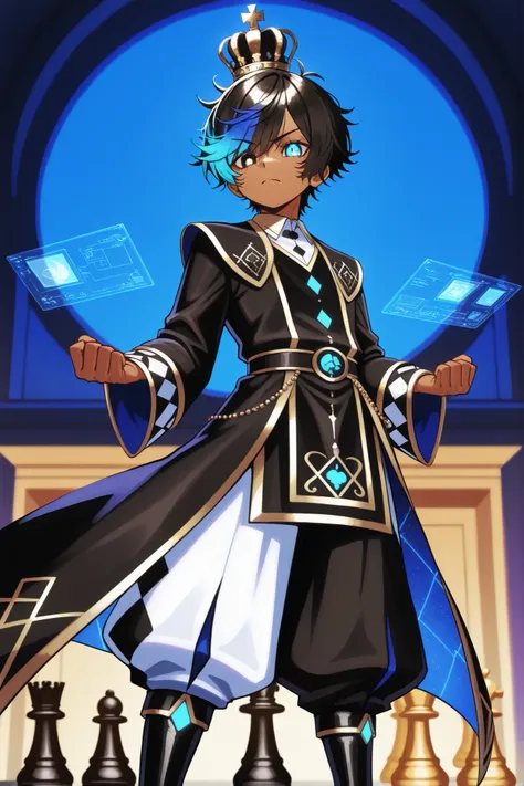 CLOSE UP, chess themed young slim athletic black tanned skinned manly boy boy focused boy young old boy, smooth glowing fair skin, unique messy layered messy hair split into pure white with neatly trimmed sides, side-swept bangs partly covering one eye, ...