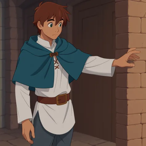 masterpiece, best quality, DisneyClassics kazuma satou, short hair, brown hair, green eyes, male focus,
shirt, long sleeves, white shirt, belt, pants, capelet, brown belt, 