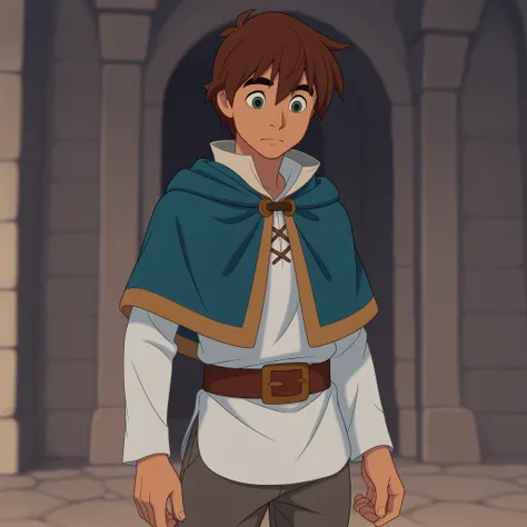 masterpiece, best quality, DisneyClassics kazuma satou, short hair, brown hair, green eyes, male focus,
shirt, long sleeves, white shirt, belt, pants, capelet, brown belt, 