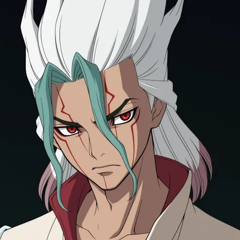 senkuu_ishigami, green hair, red eyes, multicolored hair, two-tone hair, white hair, facial mark