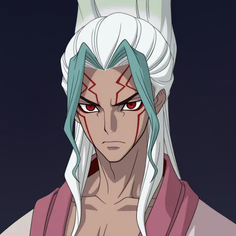 senkuu_ishigami, green hair, red eyes, multicolored hair, two-tone hair, white hair, facial mark