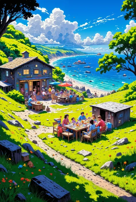 A breathtaking summer scene blending lush green grassy wilderness, golden sandy beaches, and sparkling blue bays under a radiant sun. Friends and girlfriends are joyfully having a lively beach party with colorful decorations, laughter, and music, while nea...
