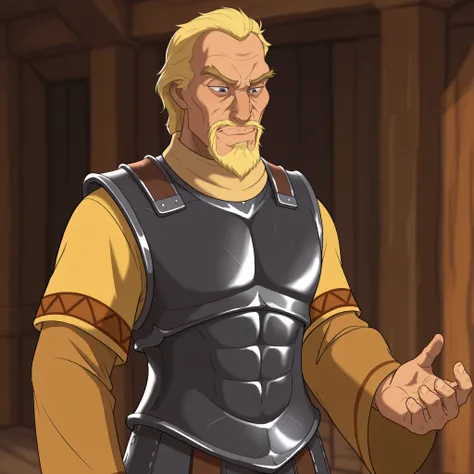 masterpiece, best quality, DisneyClassics blonde hair, askellad, mature male, old man
armor, black breastplate, yellow shirt