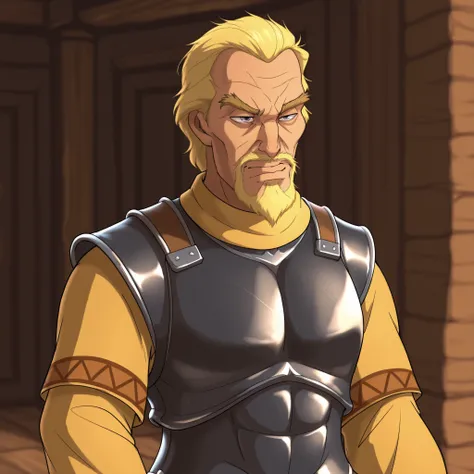 masterpiece, best quality, DisneyClassics blonde hair, askellad, mature male, old man
armor, black breastplate, yellow shirt