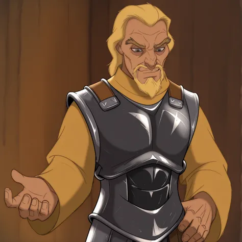 masterpiece, best quality, DisneyClassics blonde hair, askellad, mature male, old man
armor, black breastplate, yellow shirt