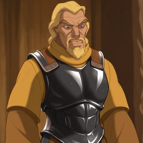 masterpiece, best quality, DisneyClassics blonde hair, askellad, mature male, old man
armor, black breastplate, yellow shirt