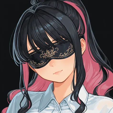by akaneko (redakanekocat), 1girl, solo, black hair, long hair, wavy hair, ponytail, pink inner hair, multicolored hair, black blindfold, ornate blindfold, collared shirt, dress shirt, white shirt, portrait, head tilt, innexpressive, black background, mast...