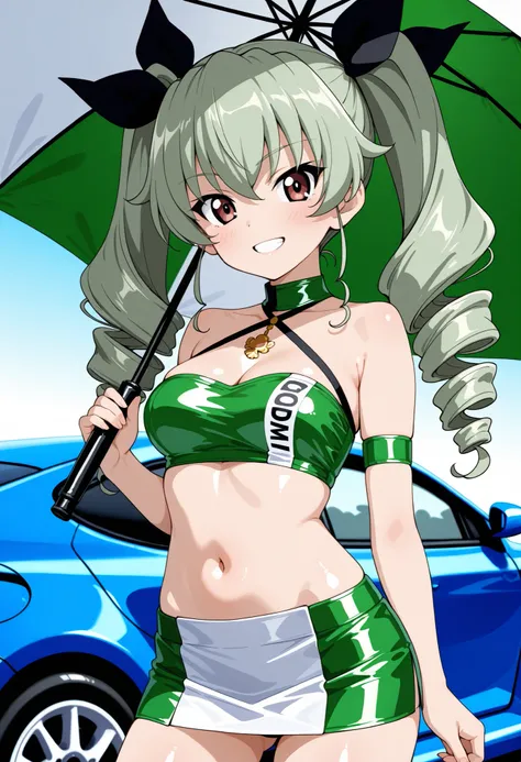 Highest Quality, details, high resolution, 8k, 超high resolution, Soft Saturation, Standing、1 girl on break day, solo, anchovy  \(girl&panzer)\, drill hair, green hair, twin drill ,  hair bow, long hair, ((Shimmering Micro Mini Skirt , green shiny micro tub...