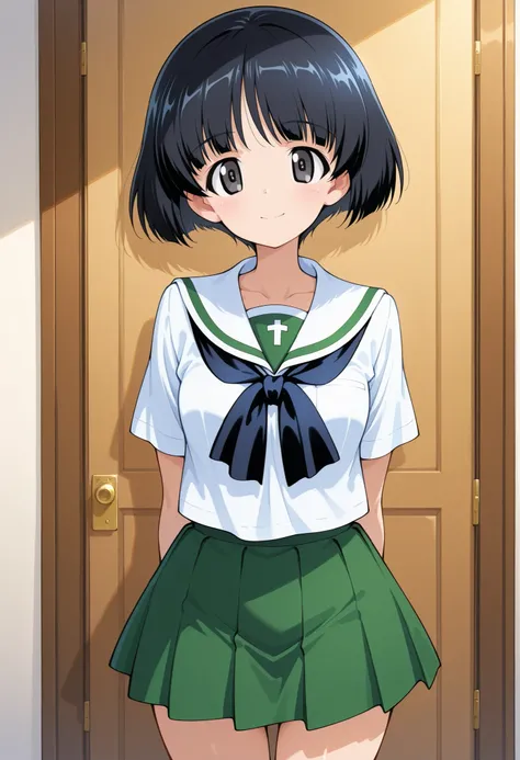 Highest Quality, details, high resolution, 8k, 超high resolution, Soft Saturation, shot from the front、Standing、1 girl on break day, solo,Midoriko I'm \(girls＆panzer\),black hair、Short Hair、bungs、 black eyes、bob cut、Dull ends 、非常にdetailsな目, masterpiece , Oa...