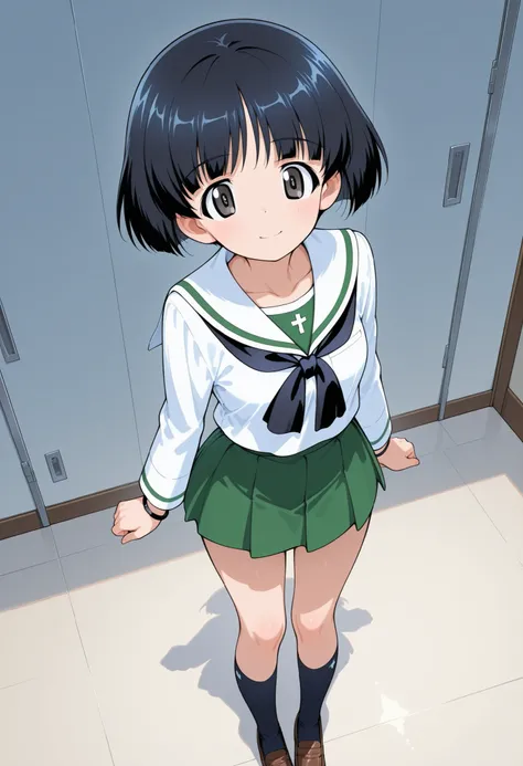 Highest Quality, details, high resolution, 8k, 超high resolution, Soft Saturation, shot from the front、Standing、1 girl on break day, solo,Midoriko I'm \(girls＆panzer\),black hair、Short Hair、bungs、 black eyes、bob cut、Dull ends 、Wristband、 Oarai school unifor...