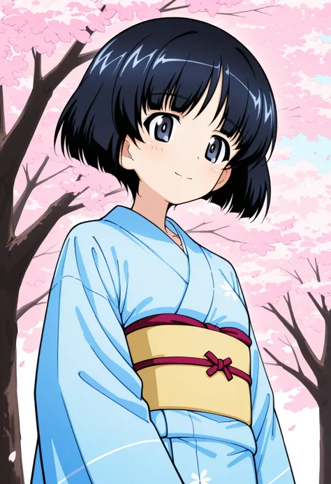 Highest Quality, details, high resolution, 8k, 超high resolution, Soft Saturation, shot from the front、1 girl on break day, solo,Midoriko I'm \(girls&panzer\),black hair、bobbed head、masterpiece , light blue kimono (Japanese kimono:1.2), (振袖 cherry blossomsの...