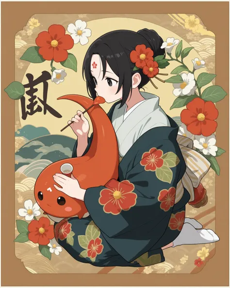 female, black eyes, Flower mark on the forehead,    Japanese style taste 