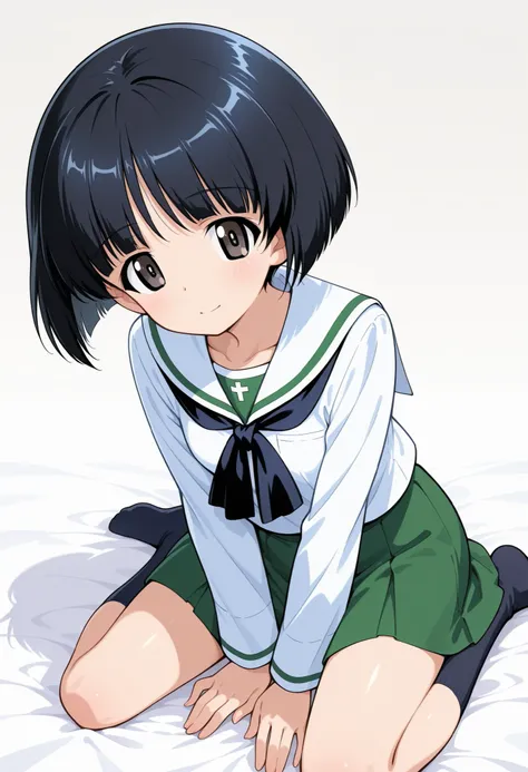 Highest Quality, details, high resolution, 8k, 超high resolution, Soft Saturation, shot from the front、1 girl on break day, solo,Midoriko I'm \(girls＆panzer\),black hair、Short Hair、bungs、 black eyes、bob cut、Dull ends 、Wristband、 Oarai school uniform、 white ...