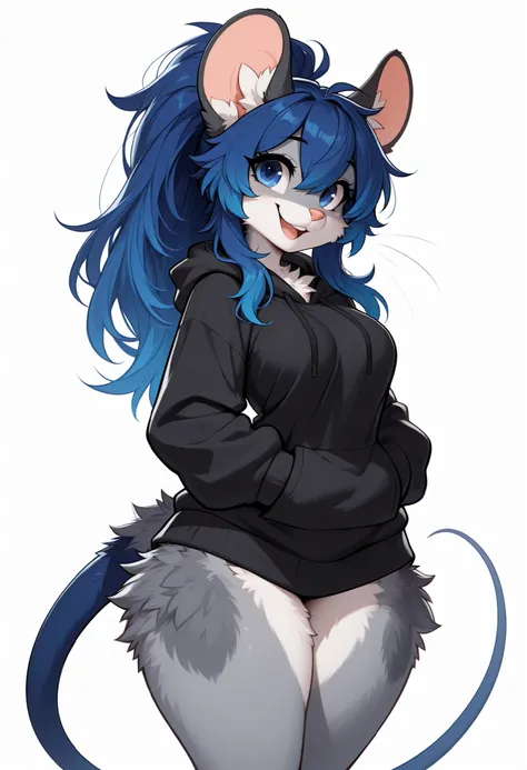 (Masterpiece) (High Detail) (High Res) A very short petite anthro mouse Furry Female with navy-blue Fluffy Fur across her whole body and long navy-blue hair in a ponytail and bright navy-blue eyes and navy-blue fluffy mouse ears and medium breasts and a lo...