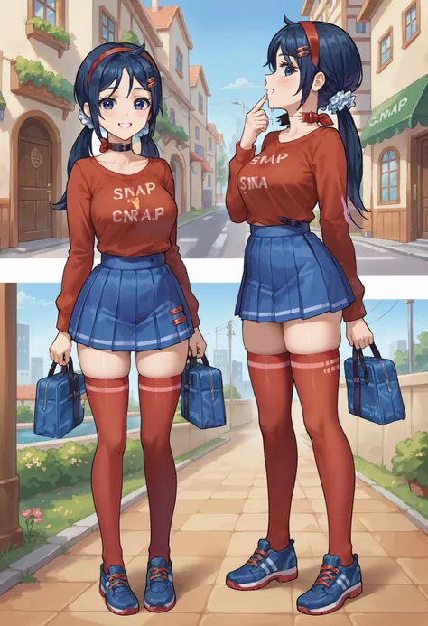 Side profile to the viewer , score_9, score_8_up,sharp focus, snap my choker,  instant loss, 2comma, before and after , score_8_up, score_7_up, score_6_up, source_anime, 1girl, solo, outdoors, city, smile, (ch0k3rsnap:1.5),miniskirt, 1girl, snap, fellatio,...