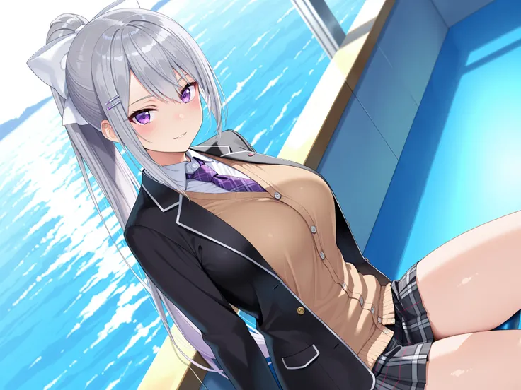 masterpiece,best quality, amazing quality, highres, absurdres, very aesthetic, high resolution, ultra detailed, perfect details,nijikaede,large breasts,purple eye,grey hair,long eyelashes,long hair,ponytail,white bow,hair pin,nijikaedecos,white shirt,purpl...