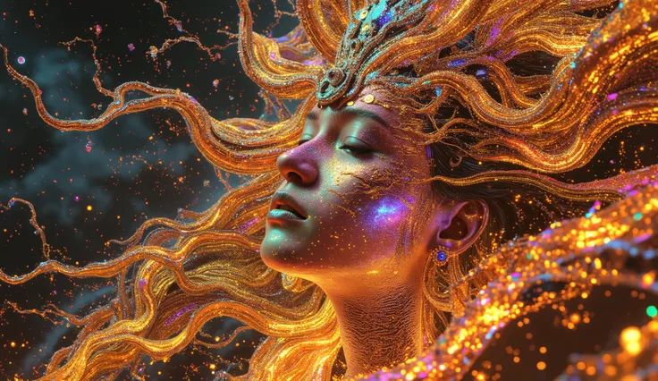 Divine portrait of Kinich Ahau and Ix Chel suspended in a surreal cosmic sky, their bodies dancing in unison as golden solar flares and silver moonbeams spiral around them, ancient Mayan pyramids glowing below, bathed in twilight magic, celestial robes emb...