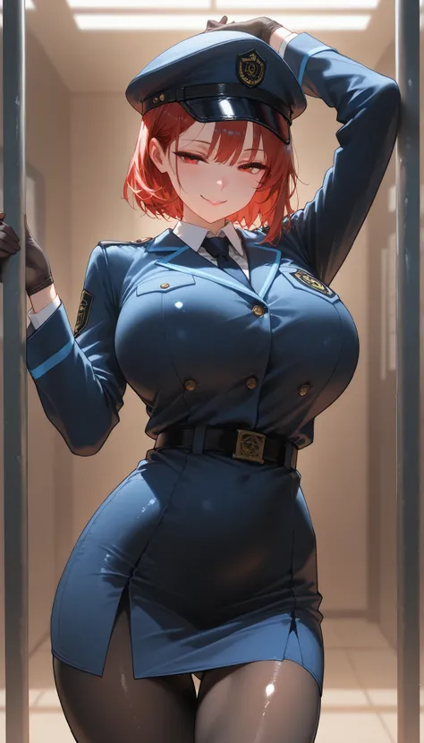 A female wearing A Blue School Guard Uniform,Black silk gloves,Black pantyhose,Shiny skin,(Red Short hair),Black guard cap, seductive smile,Slim body,medium oppai,In Prison Office,Open Pose,UHD, SOLO, anatomically correct, masterpiece, textured skin, high ...