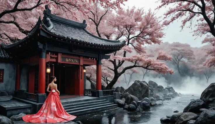 A thick impasto oil painting depicting a surreal avenue lined with twisted, vivid pink cherry blossom trees, shaped like ancient bonsai—gnarled and expressive. A girl in a flowing red silk gown walks along a glowing golden pathway, surrounded by the heavy ...