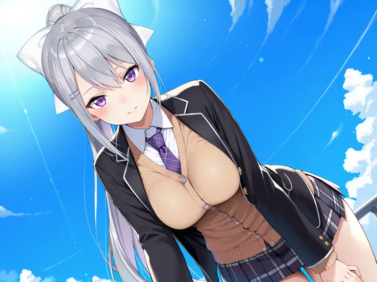 masterpiece,best quality, amazing quality, highres, absurdres, very aesthetic, high resolution, ultra detailed, perfect details,nijikaede,large breasts,purple eye,grey hair,long eyelashes,long hair,ponytail,white bow,hair pin,nijikaedecos,white shirt,purpl...