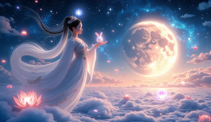 Divine scene of Chang'e, the Chinese moon goddess, drifting elegantly above a glowing moon surface, holding a luminous elixir in one hand and caressing her celestial rabbit with the other, surrounded by floating lotus petals and ancient moon temples under ...