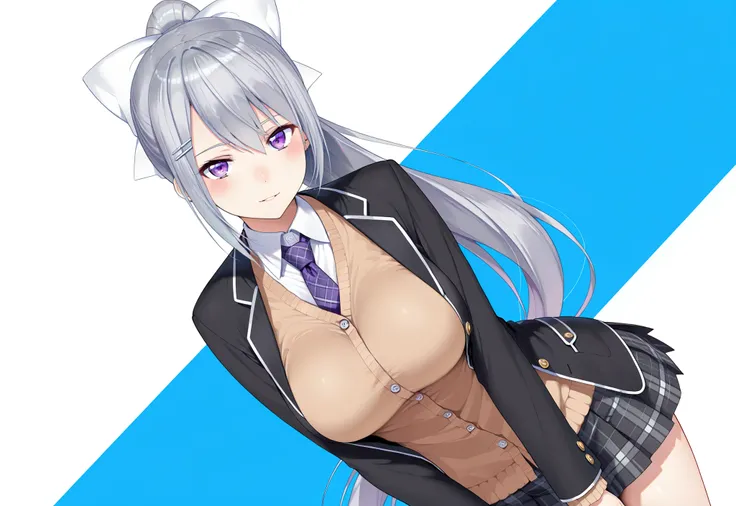 masterpiece,best quality, amazing quality, highres, absurdres, very aesthetic, high resolution, ultra detailed, perfect details,nijikaede,large breasts,purple eye,grey hair,long eyelashes,long hair,ponytail,white bow,hair pin,nijikaedecos,white shirt,purpl...